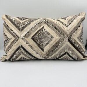 Neutral Faux Fur Textured Lumbar Pillow Geometric Boho Fringe Sequin Decor Cozy